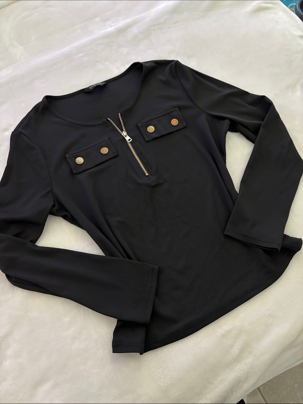 Chic Me Black Long-Sleeve Zip Front Top with Flap Pockets